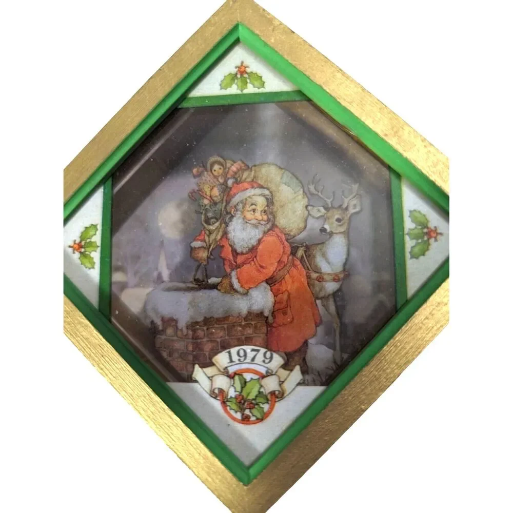 Santa On His Way Vintage 1979 Christmas Ornaments Acrylic Wood Vintage Gift